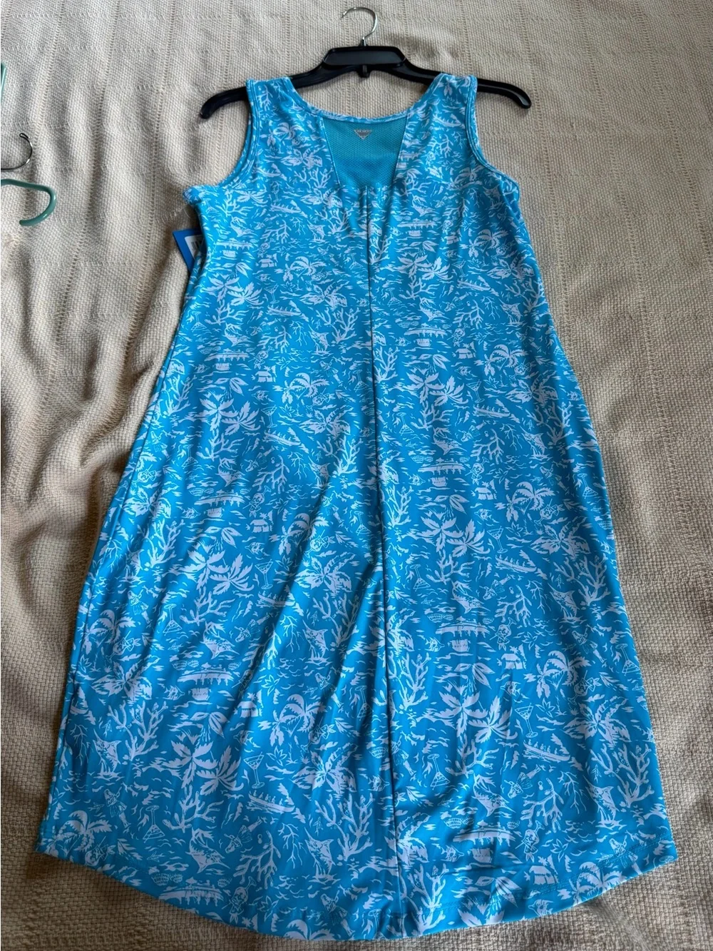 Ladies Blue Tropical Print Sleeveless Dress
